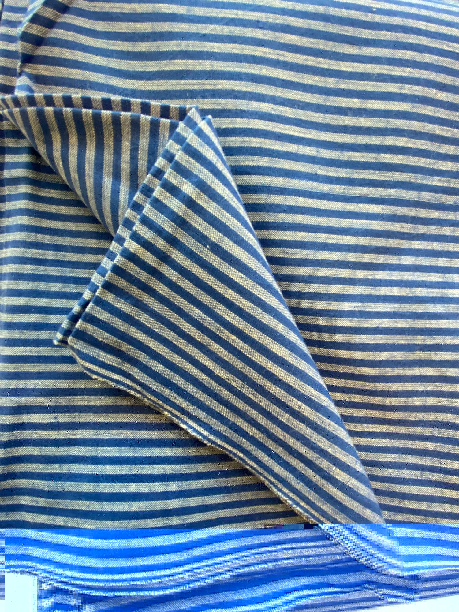 Block printed cotton. Summer weight, indigo dyed, striped fabric